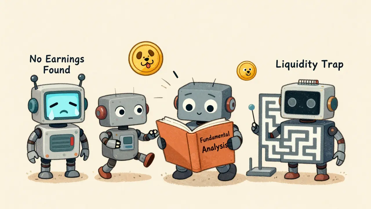 Toy robots react differently to a book on fundamental analysis, while a meme coin flies by and one is stuck in a maze.