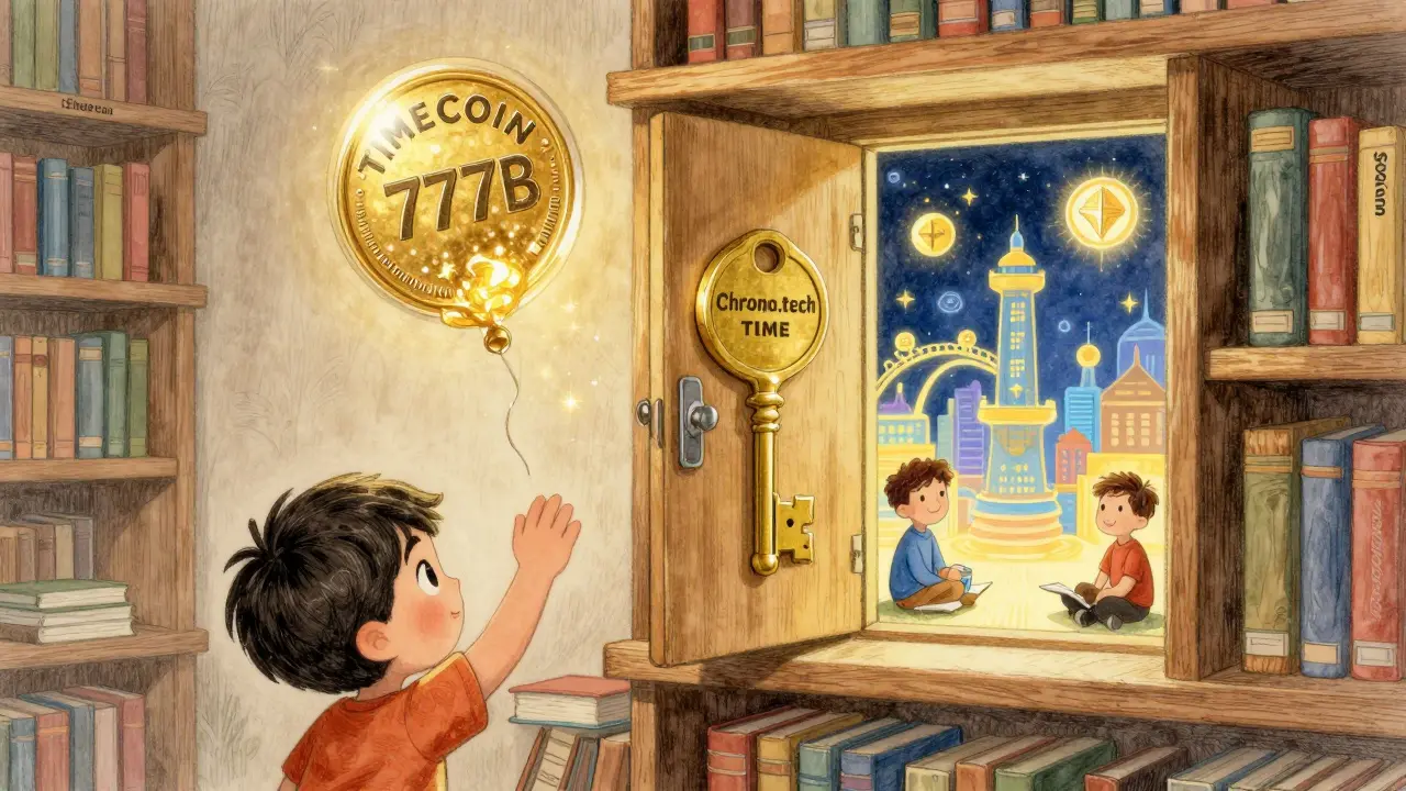 A child choosing between a bursting balloon token and a key that unlocks a DeFi city, in a cozy library setting.
