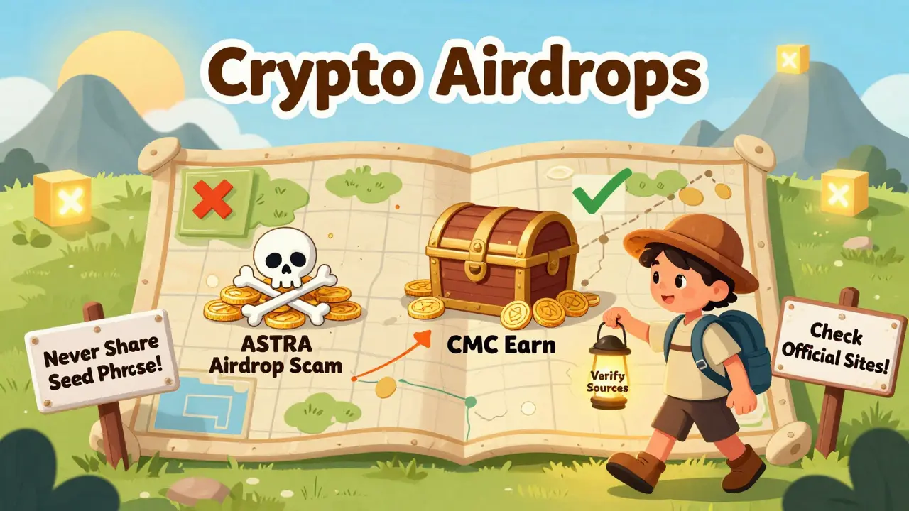 A child explorer follows a treasure map with a real chest labeled 'CMC Earn' and a fake scam X, holding a lantern that says 'Verify Sources'.
