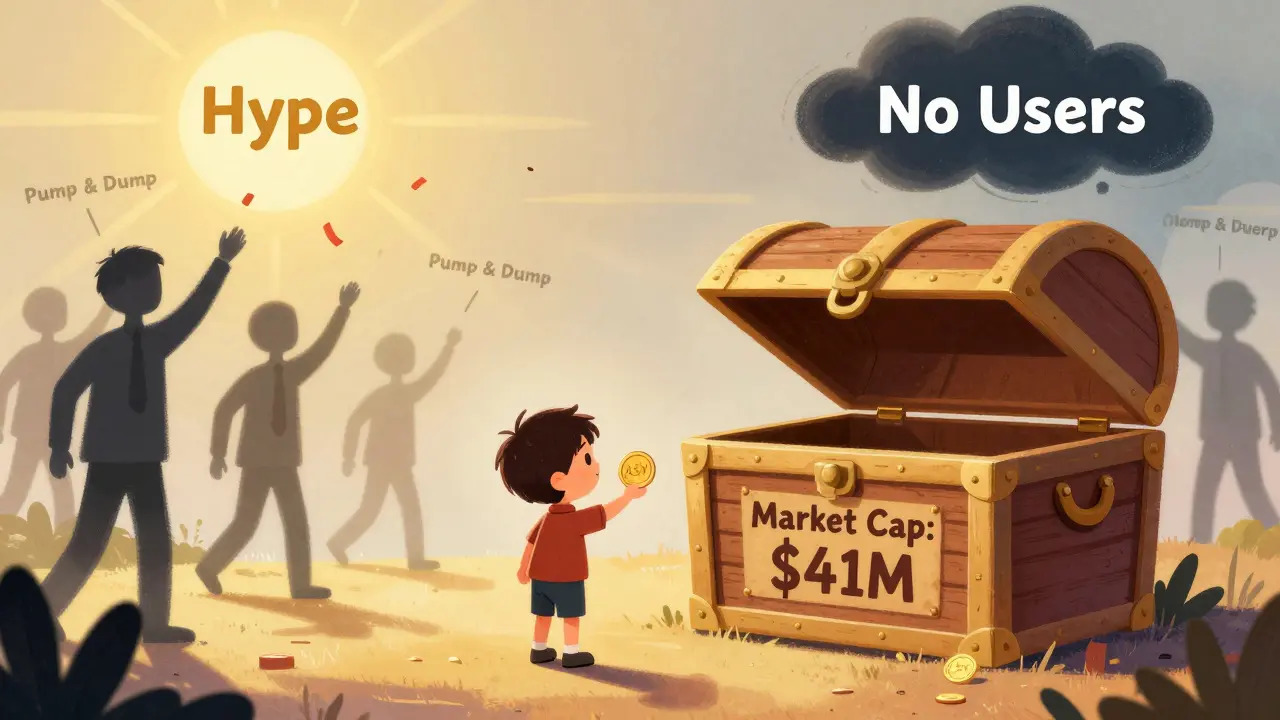 A child holding a token in front of an empty treasure chest labeled M, with shadowy figures tossing confetti.