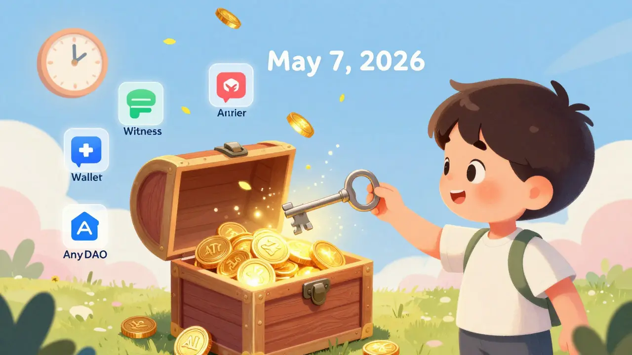 A child unlocks a treasure chest of ATA tokens, with a clock in the sky marking the next unlock date.