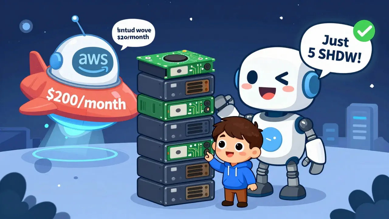 A developer stands next to a friendly Shadow Node robot, while a tiny AI startup renders a spaceship, comparing it to a frowning AWS robot.