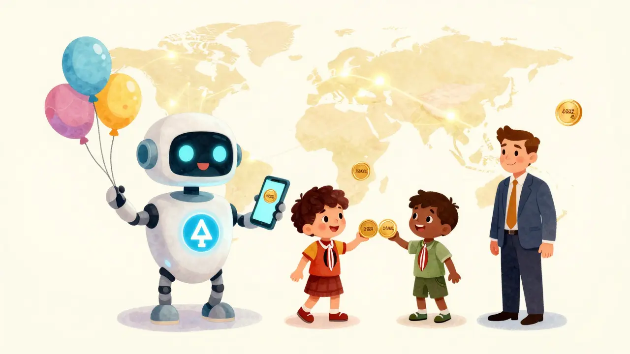A friendly robot sends crypto coins between a child in Kenya and a man in Dubai, with a glowing world map behind them.