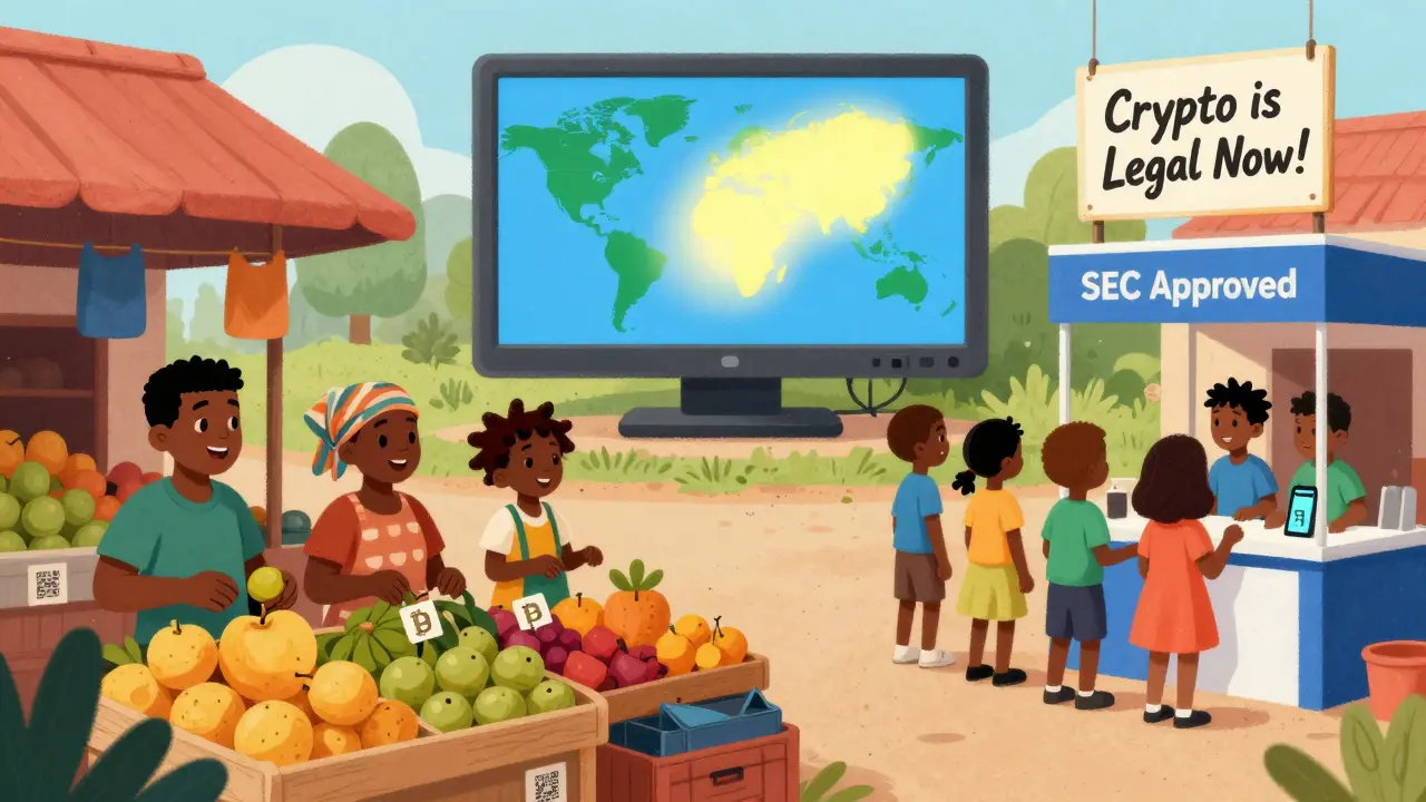 A lively Nigerian market where vendors sell fruit and Bitcoin QR codes at a licensed exchange booth.