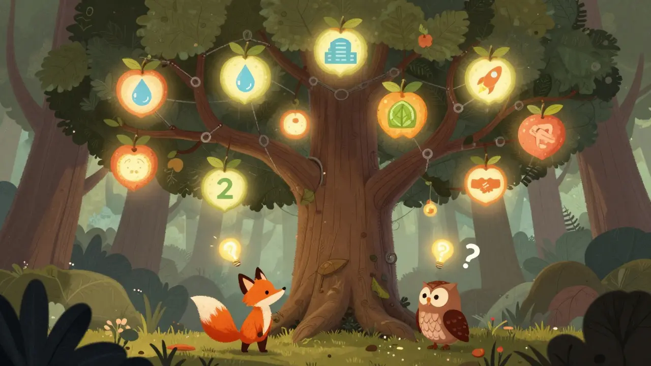 A magical tree with 88 unique NFT fruits grows in a digital forest, watched by a fox and owl under soft lights.