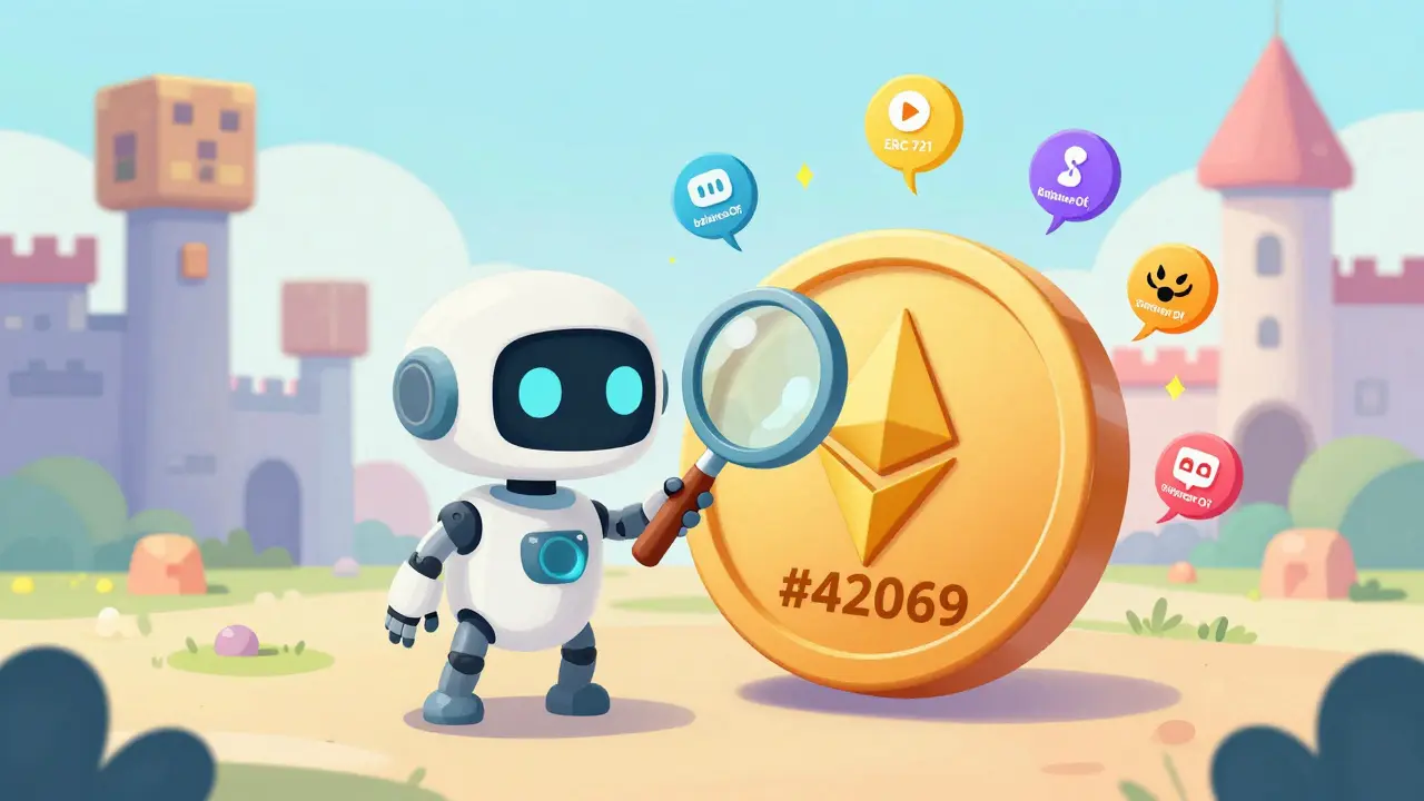 A robot examines a giant NFT token with tiny function sprites dancing nearby.