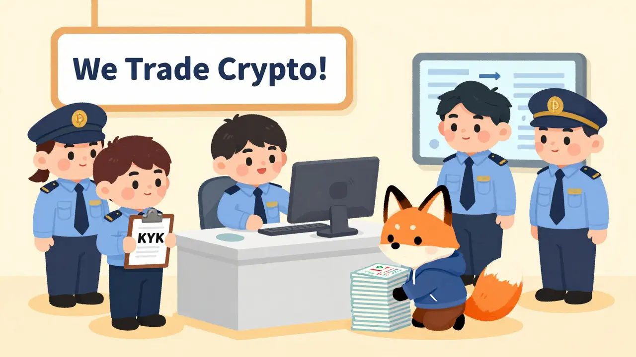 A small crypto office is inspected by cartoon regulators while a nervous fox tries to hide unverified IDs.