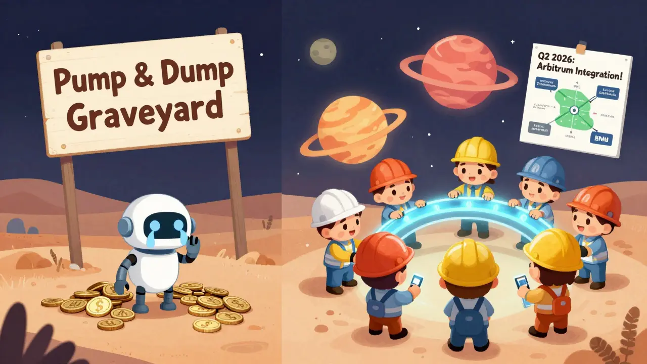 A split scene: a lonely robot in a desert of worthless coins vs. engineers fixing a bridge between colorful blockchain planets.