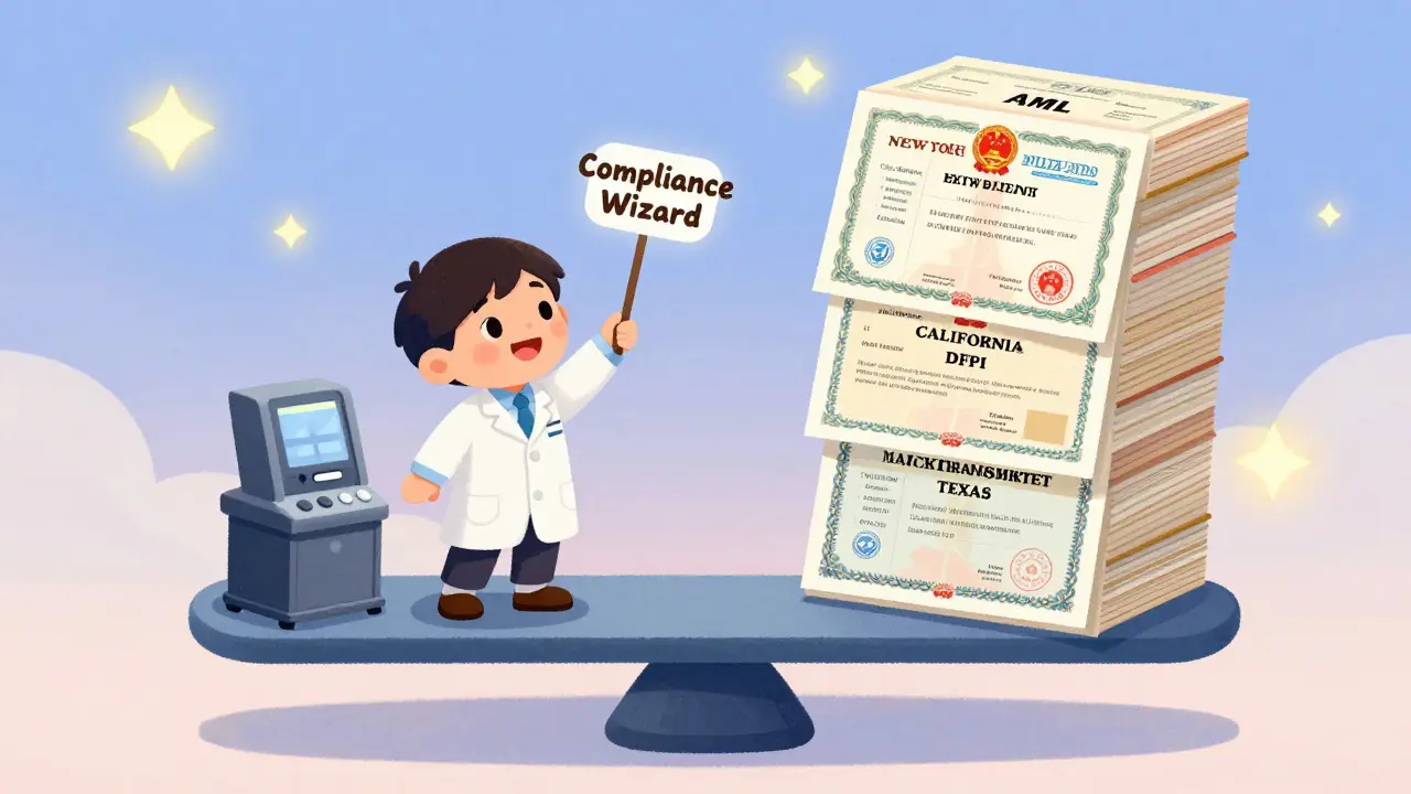 A tiny crypto kiosk balances against a tall stack of state licenses, with a child wizard using a compliance wand above.