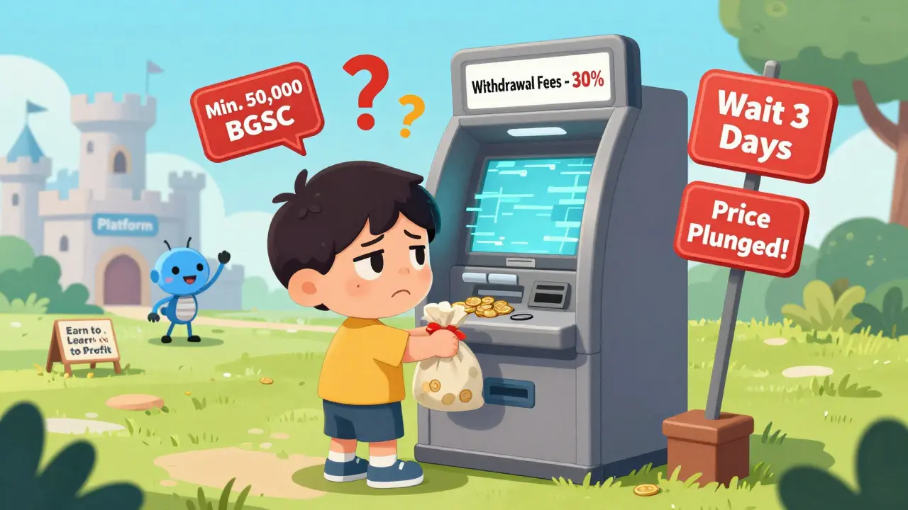 A user frustrated at a withdrawal machine with high fees and warning signs near a distant platform castle.