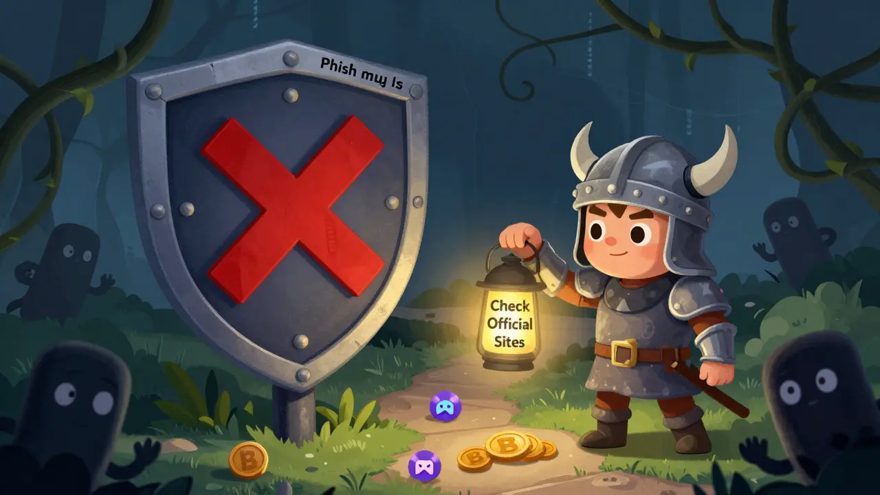 A warning shield blocks phishing links as a brave knight shines light on safe crypto paths.