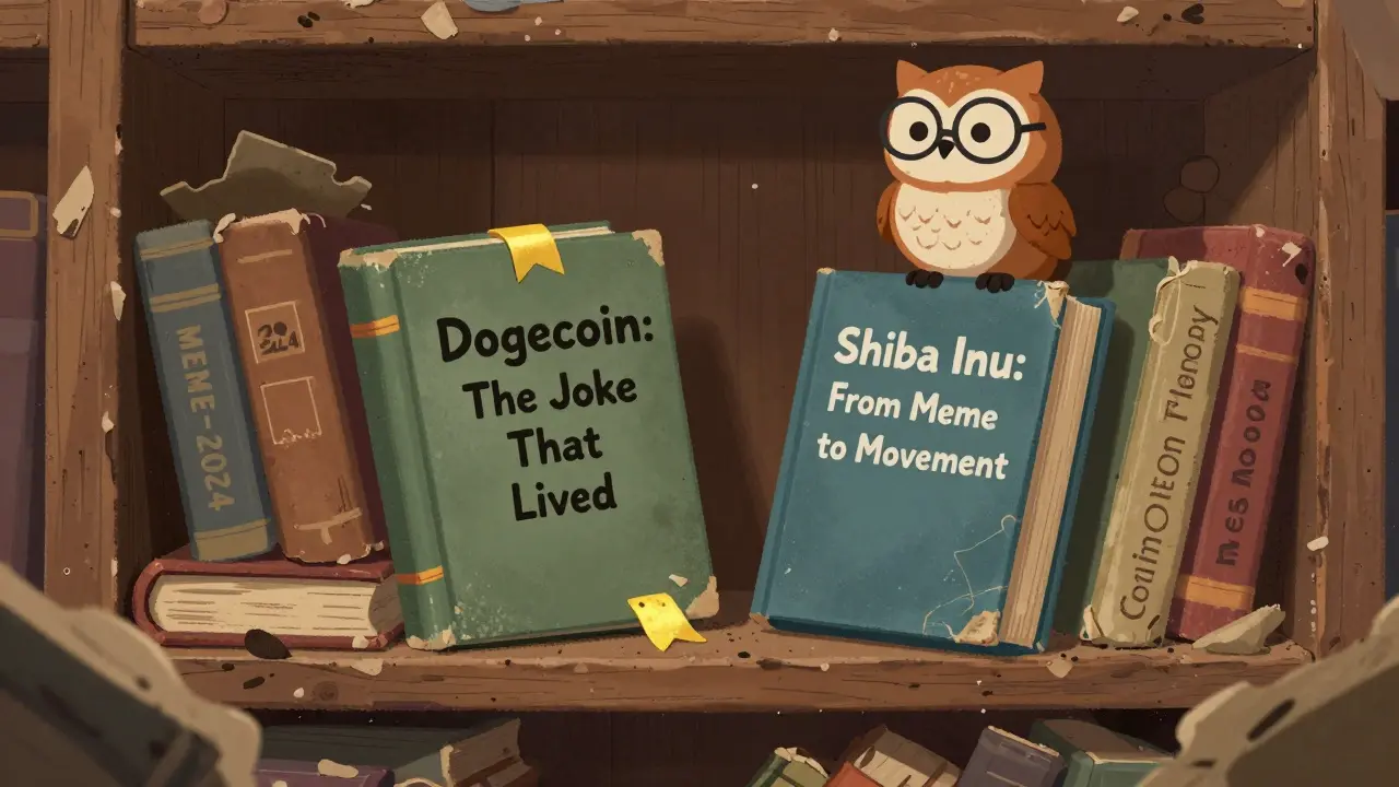 An ancient library with only two memecoin books standing, while others crumble to ashes, watched over by a wise owl.