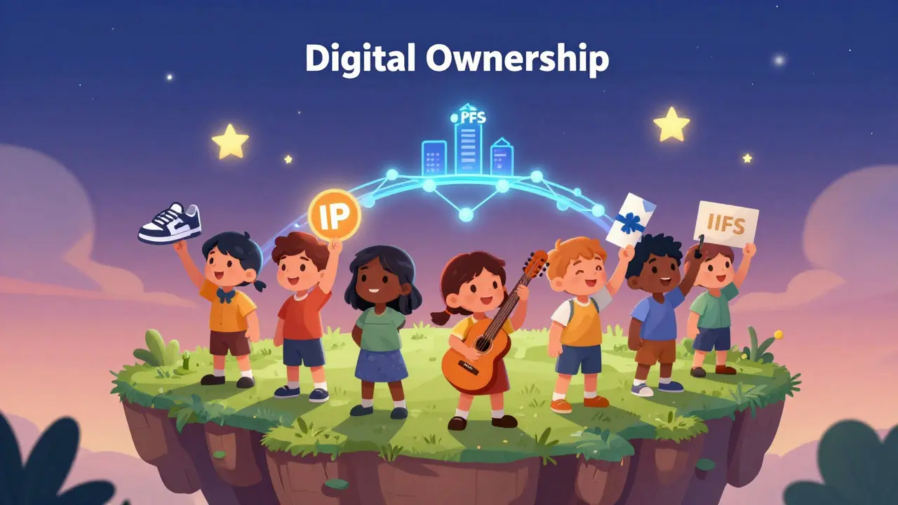 Children stand on an island of unique NFTs, connected by a bridge to a digital city.