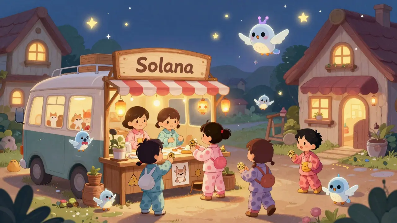 Children trade GHIBLI tokens at a whimsical Ghibli-themed stall, receiving hand-drawn AI art prints of their pets as spirits.