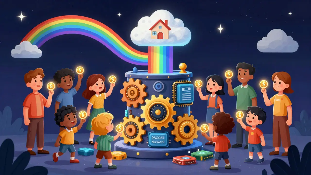 Diverse people place SHDW tokens into a colorful machine made of hard drives and gears, with data flowing to a cloud-shaped house.