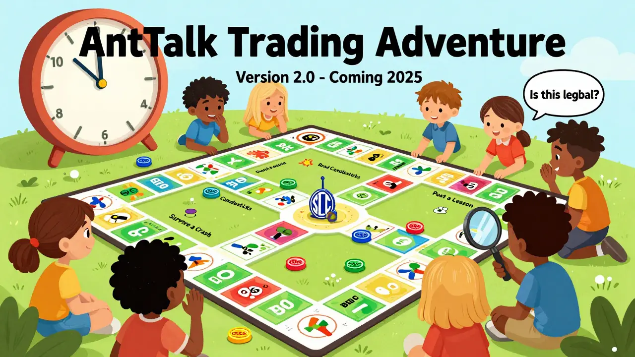 Kids playing a board game about crypto trading, earning tokens while a clock ticks toward a system update.