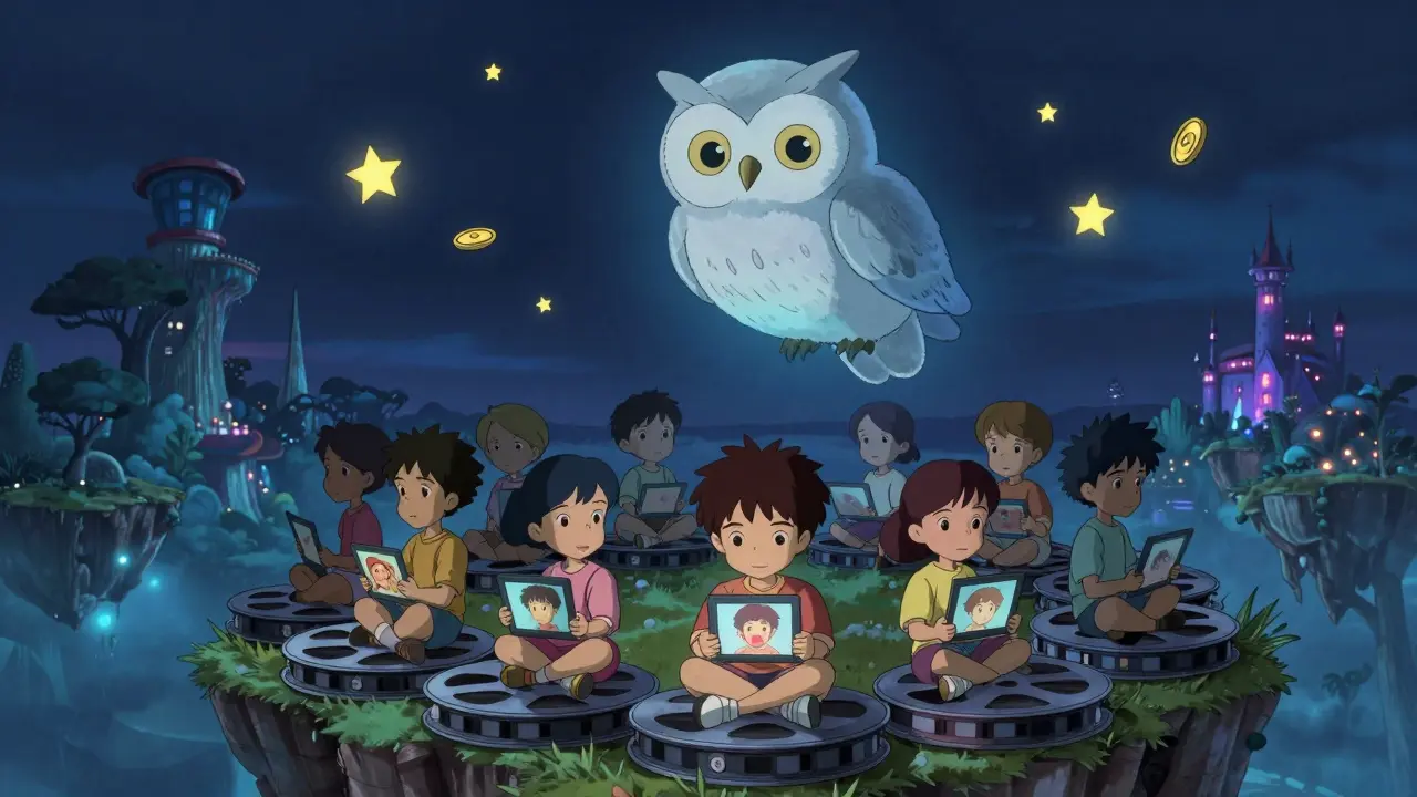 Kids sit on a floating island of film reels, gazing at their Ghibli-style portraits as a brushstroke owl glows above them.