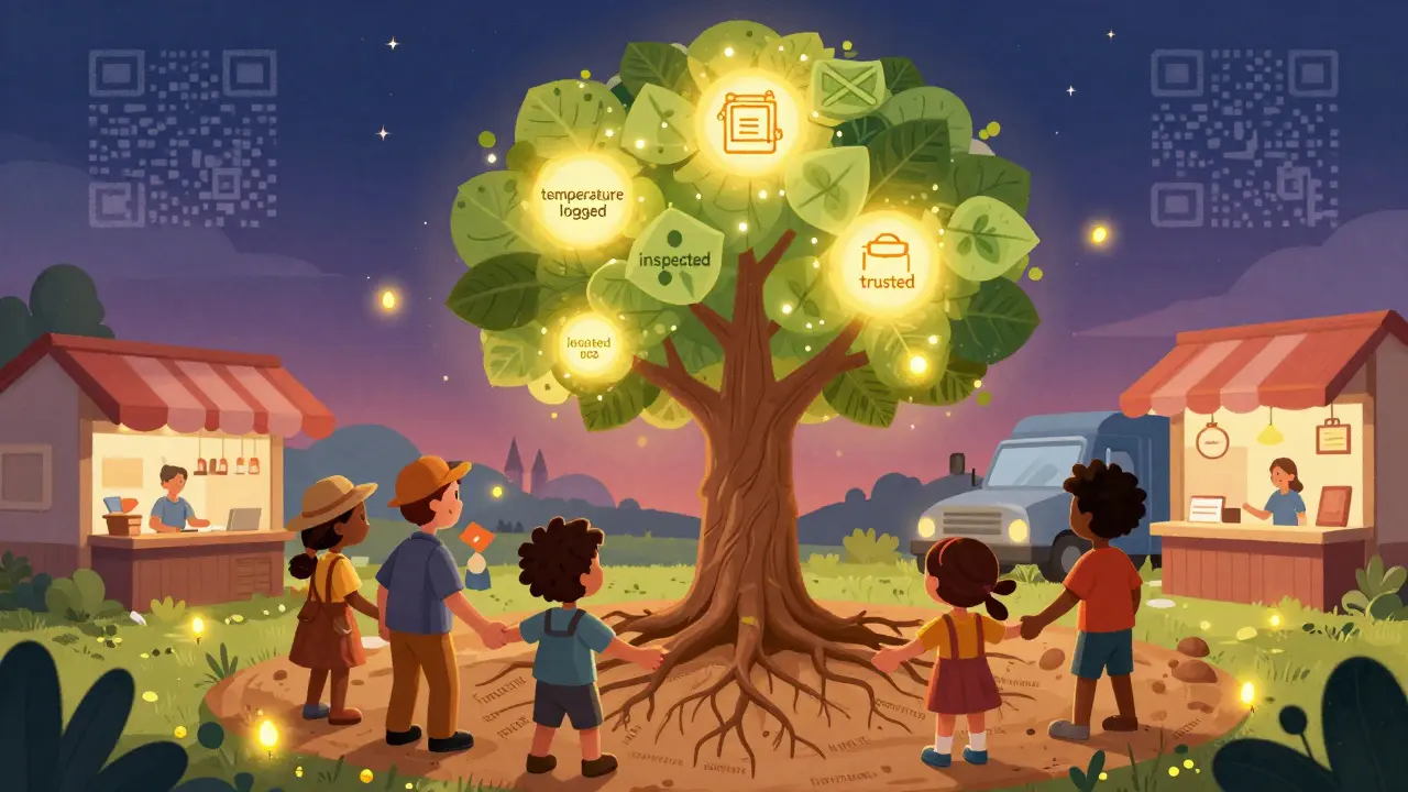 People holding hands around a glowing blockchain tree with data leaves representing food safety steps.