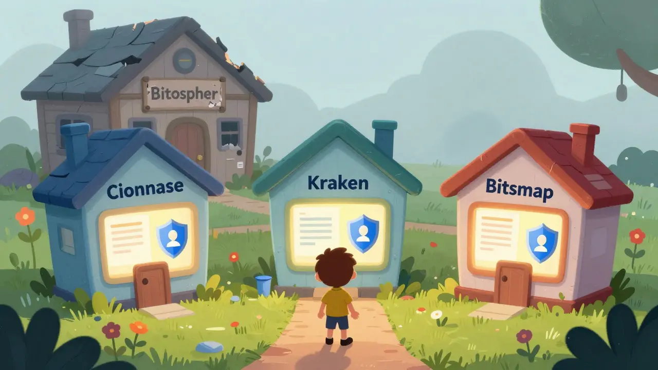 Three trustworthy crypto exchanges glow warmly, while a crumbling shack labeled Bitospher fades in fog.