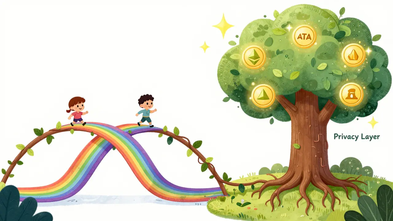 Tiny characters ride ATA tokens across a rainbow bridge connecting different blockchains under a privacy tree.