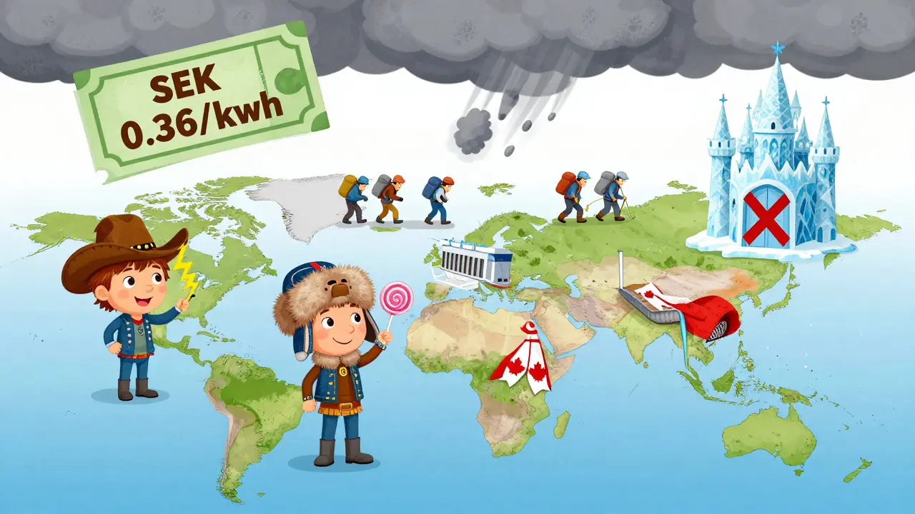 A cartoon map showing miners moving from Sweden to Texas, Kazakhstan, and Quebec for better mining conditions.