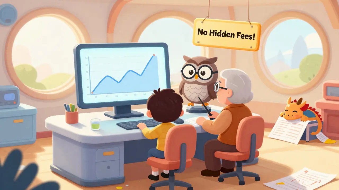A child and grandparent trading crypto together in a warm, pastel-toned room with a helpful owl and simple charts.