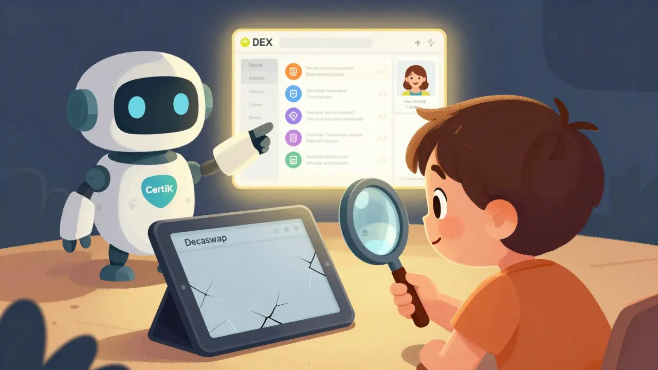 A child examines a blank Decaswap tablet while a friendly robot points to a real, glowing crypto exchange dashboard.