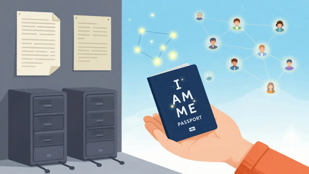 A child holds a digital passport that turns into stars spelling 'I AM ME,' contrasting old data leaks with secure blockchain nodes.