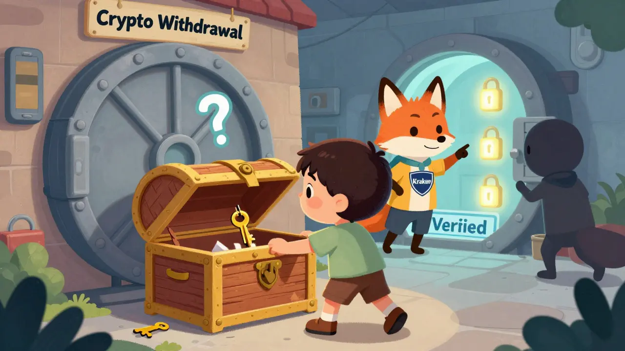 A child trying to open a locked crypto chest with question marks, while a friendly fox points to a secure vault nearby.