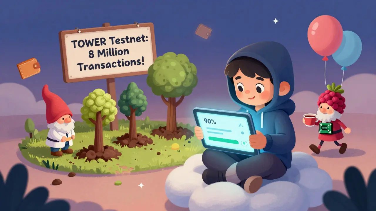 A child uses a glowing tablet to run a TOWER testnet node surrounded by helpful code-gnomes.