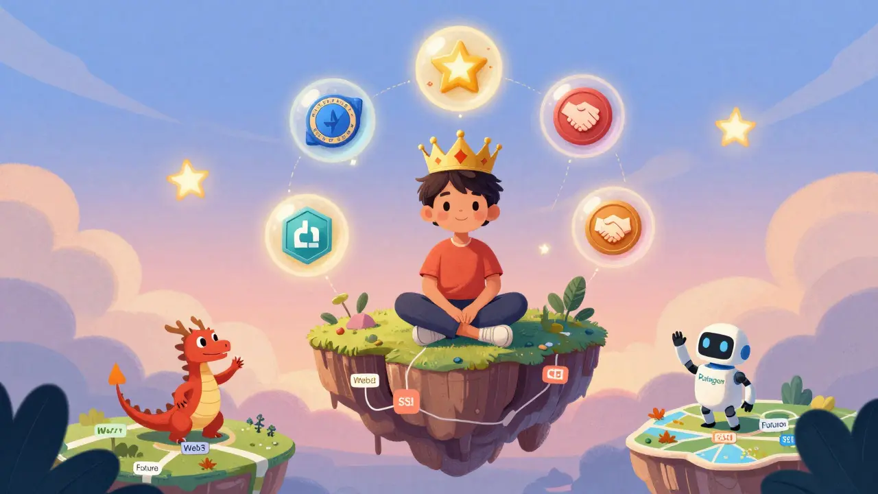 A child wears a crown of earned digital credentials as glowing orbs rise into a dreamy Web3 sky.