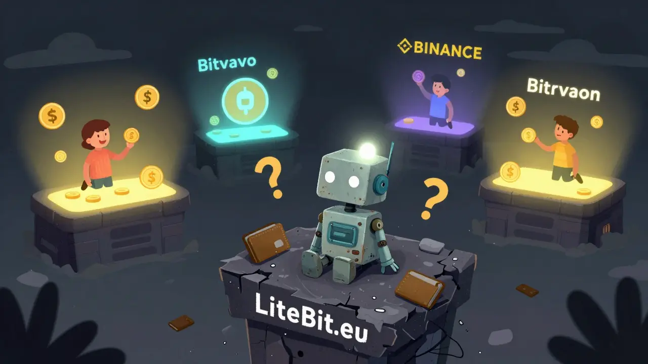 A faded robot on a crumbling platform surrounded by question marks, while brighter exchanges glow in the distance.