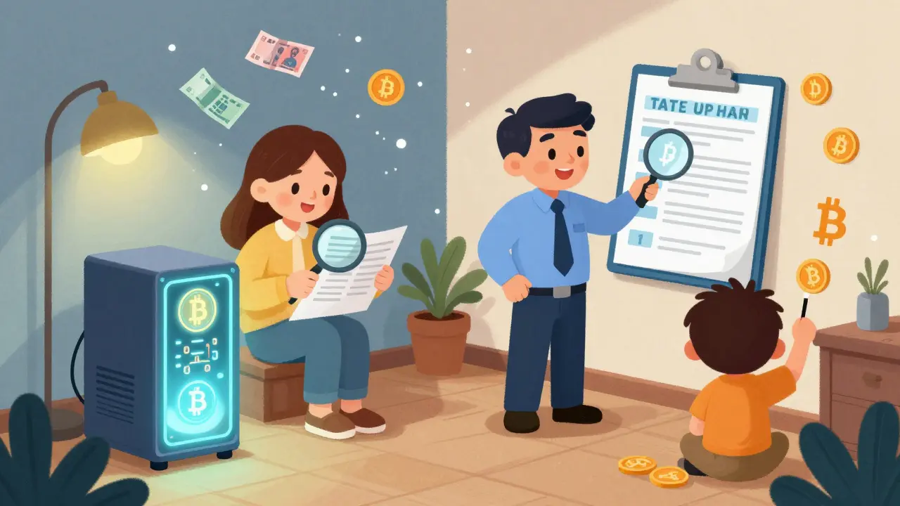 A family with a crypto mining rig and tax forms, a friendly inspector checking a digital ledger.
