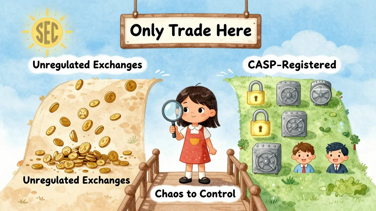 A girl stands on a bridge between chaotic and safe crypto paths, guided by a sign that says 'Only Trade Here'.