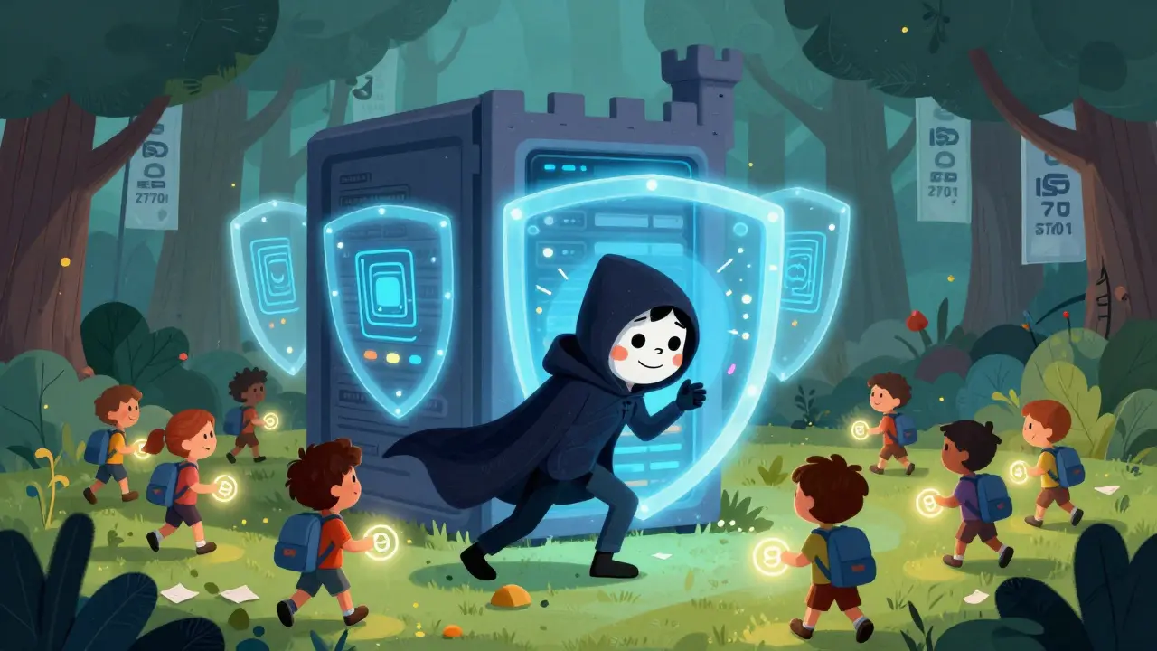 A hacker is reflected as a silly mask by glowing zero-knowledge shields while users carry only proof tokens.