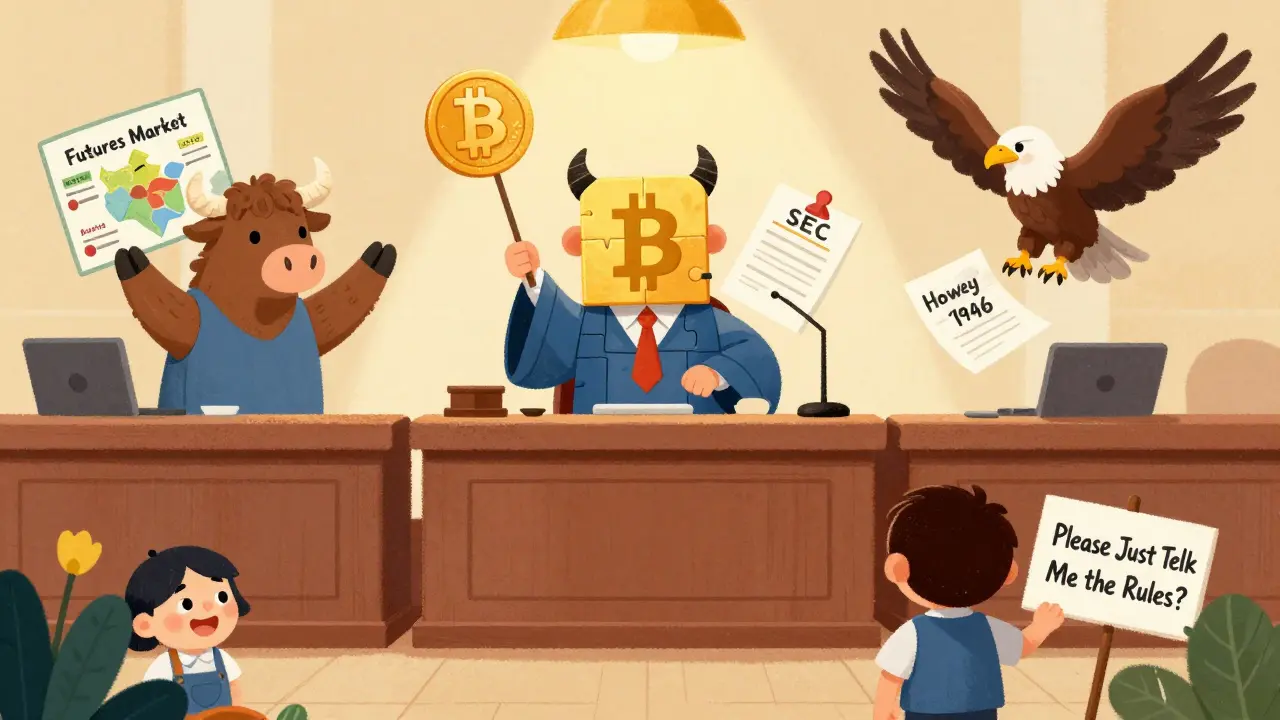 A judge in a puzzle robe decides if Bitcoin is a commodity or security in a whimsical courtroom.