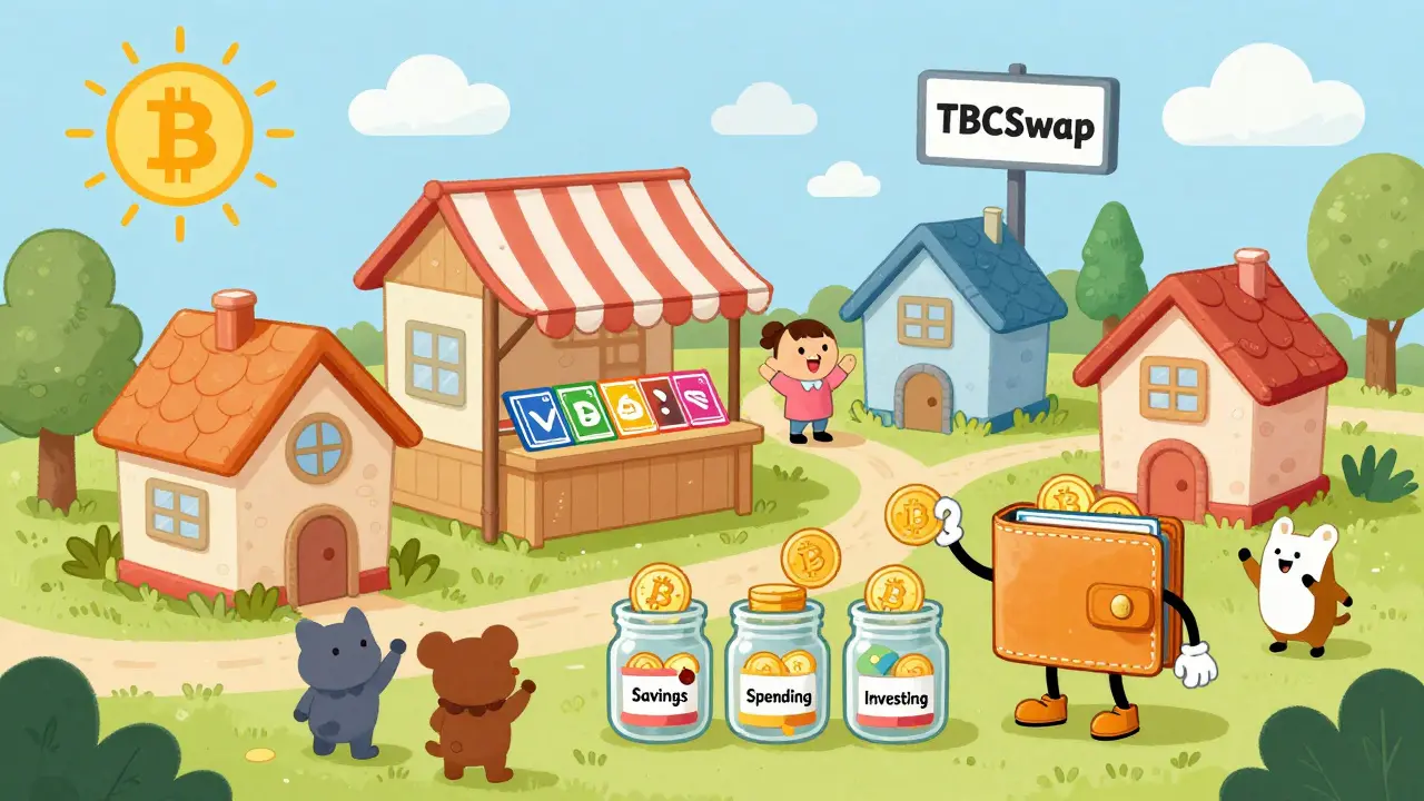 A lively Bitcoin town with wallet houses, an NFT market, and a smart contract wallet splitting coins into three jars.