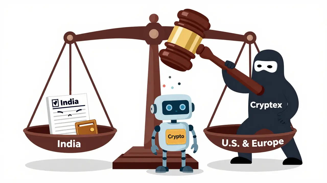A robot with a crypto wallet stands before a scale contrasting India's tax burden with U.S. enforcement against criminal exchanges.