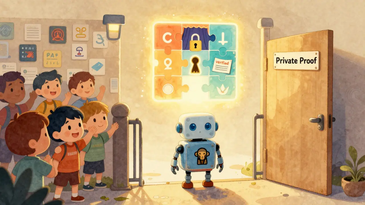 A robot with a wallet body passes a privacy checkpoint, proving identity without revealing details.