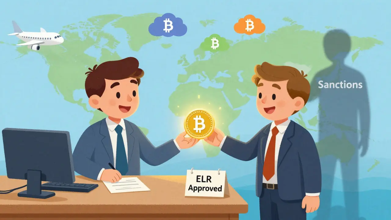 A Russian businessperson trading a crypto token with a foreign partner, symbols of sanctions fading away.