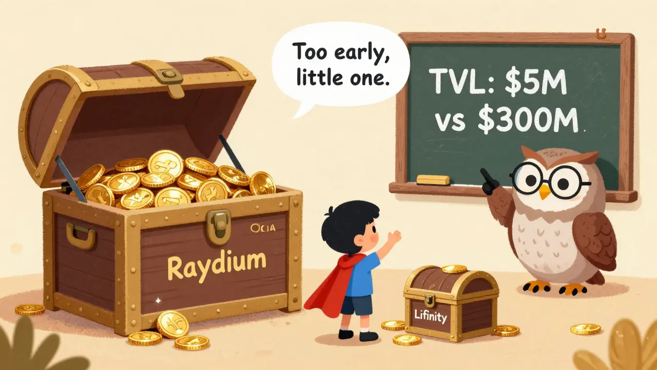 A small hero beside overflowing treasure chests of other DEXs, with their own tiny chest nearly empty in a whimsical illustration.