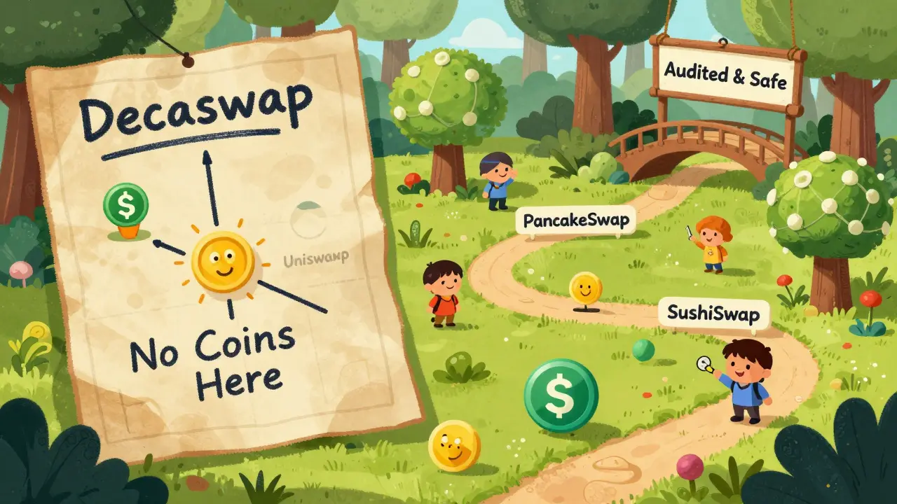 A treasure map leads to a dead end labeled 'Decaswap', while real, safe exchanges shine along a vibrant path through a crypto forest.