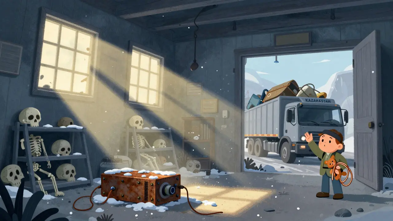 An abandoned mining facility in Sweden with empty racks and snow drifting in, as a truck leaves with gear.