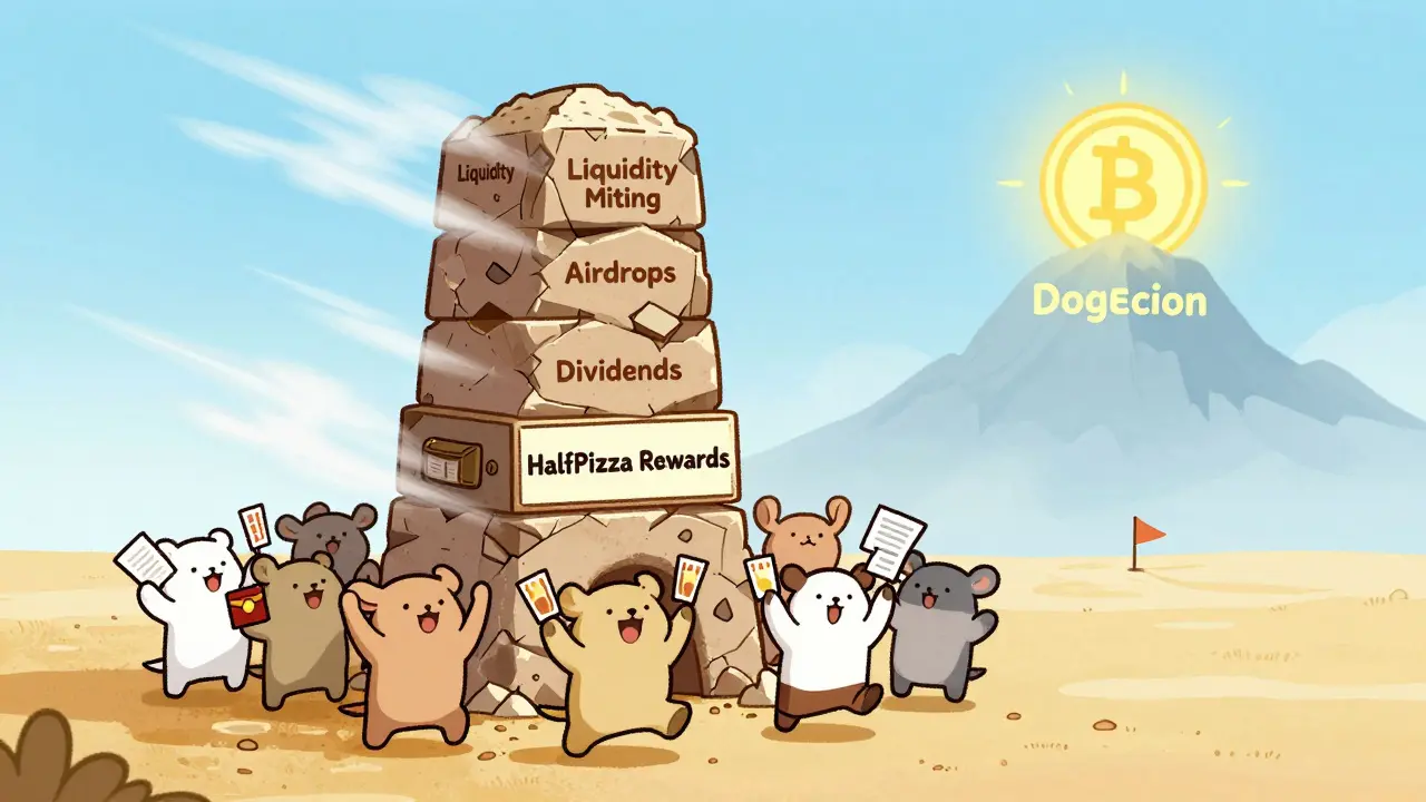 Animals cheer beside a crumbling tower of broken financial promises labeled 'HalfPizza Rewards'.