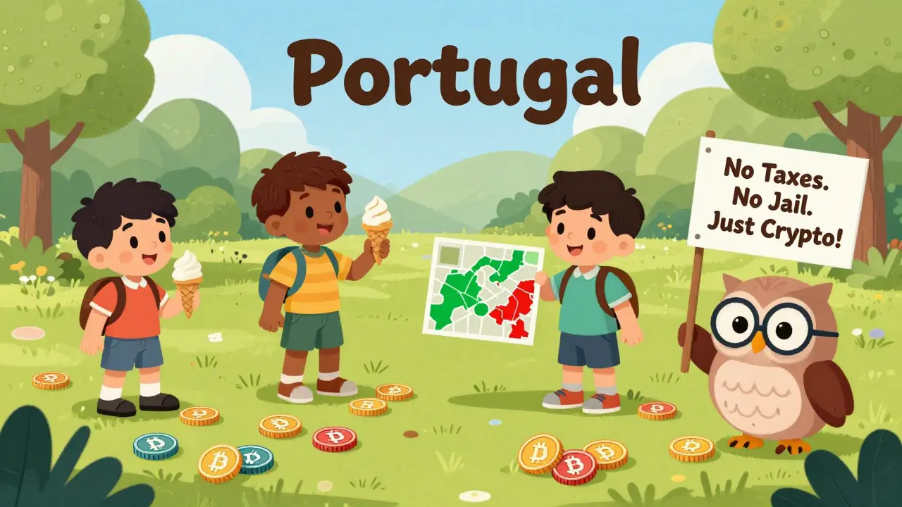 Children play with crypto coins in Portugal, one buying ice cream with Ethereum, as an owl explains no taxes or jail for users.