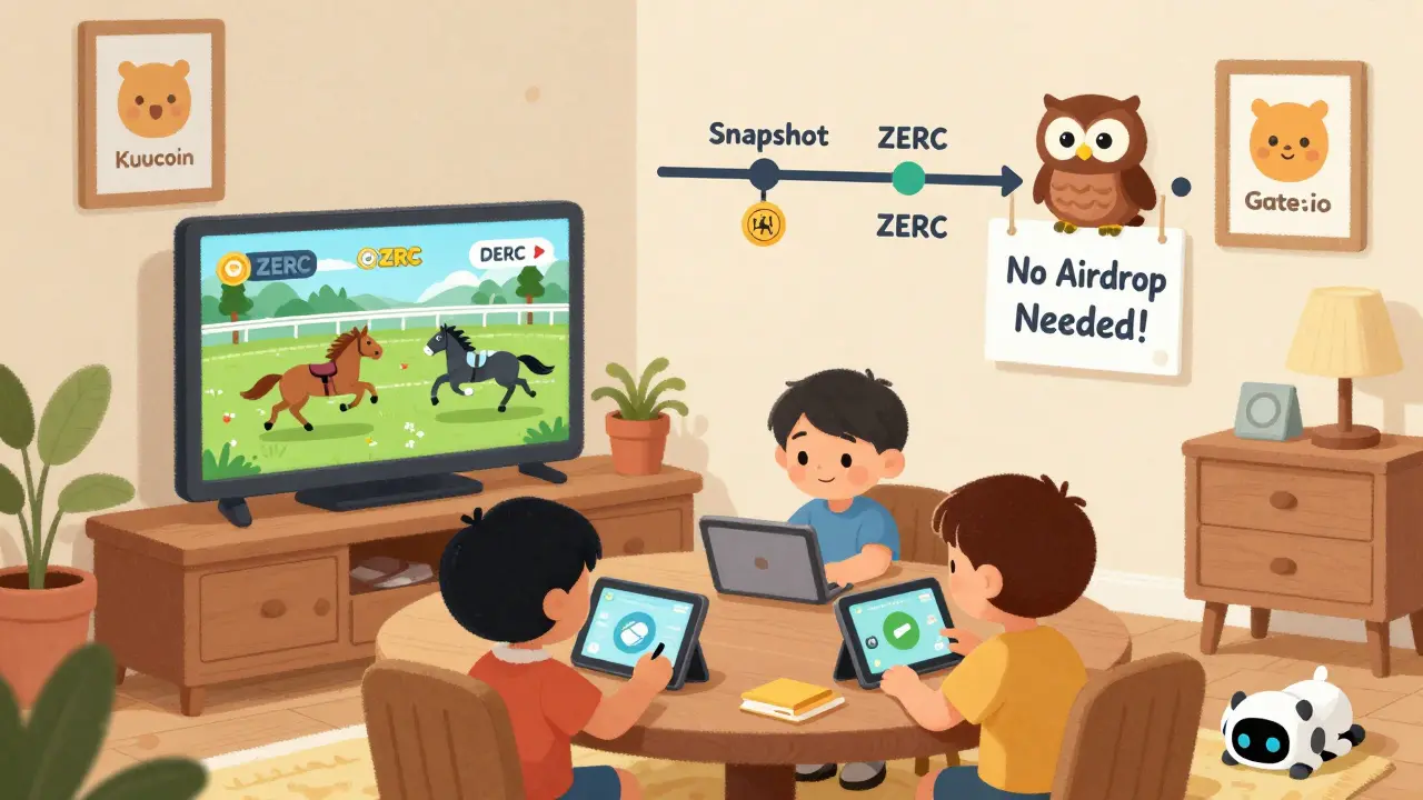 Children playing a horse racing game on a tablet, earning ZERC tokens with friendly cartoon logos around them.