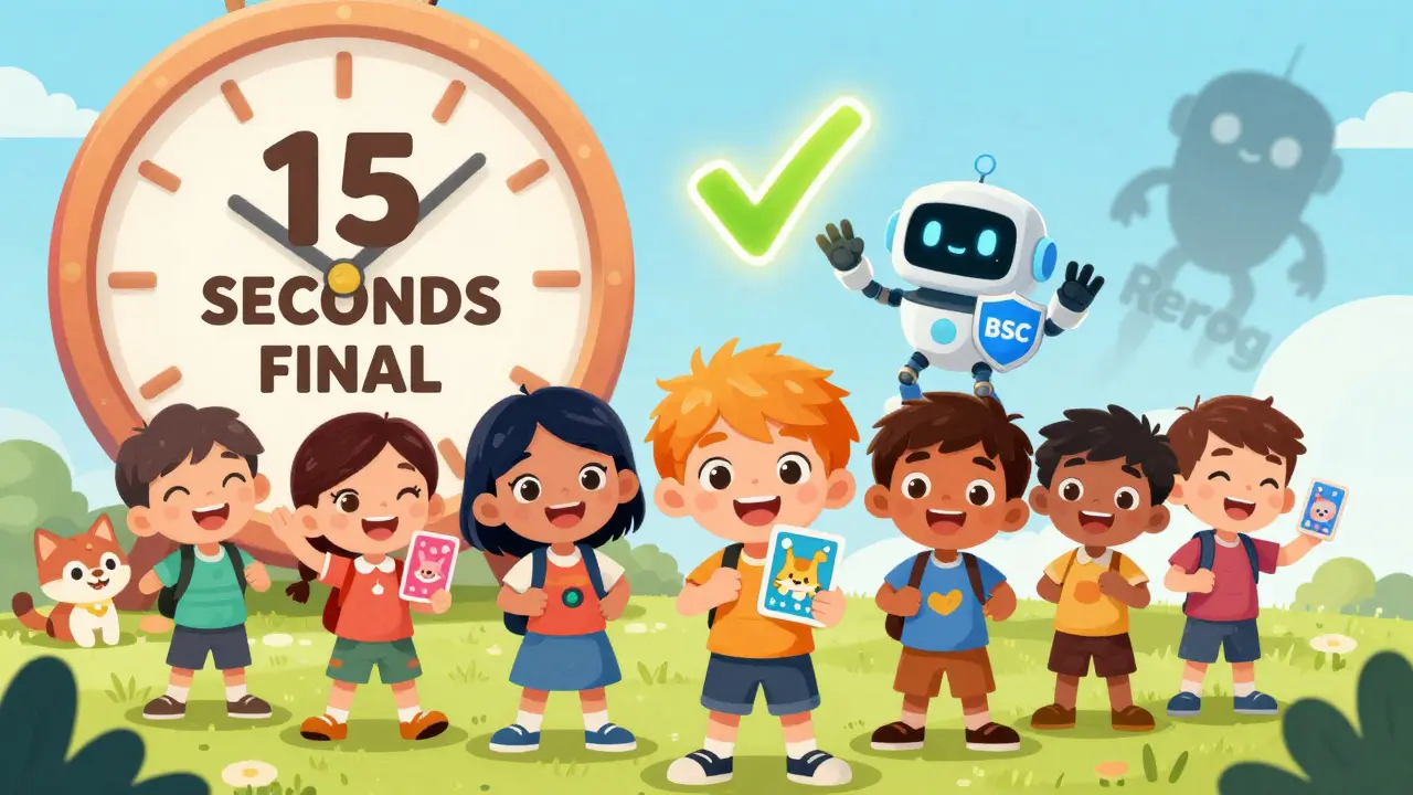 Children trade digital items under a clock showing '15 SECONDS FINAL' while a fading reorg figure disappears.