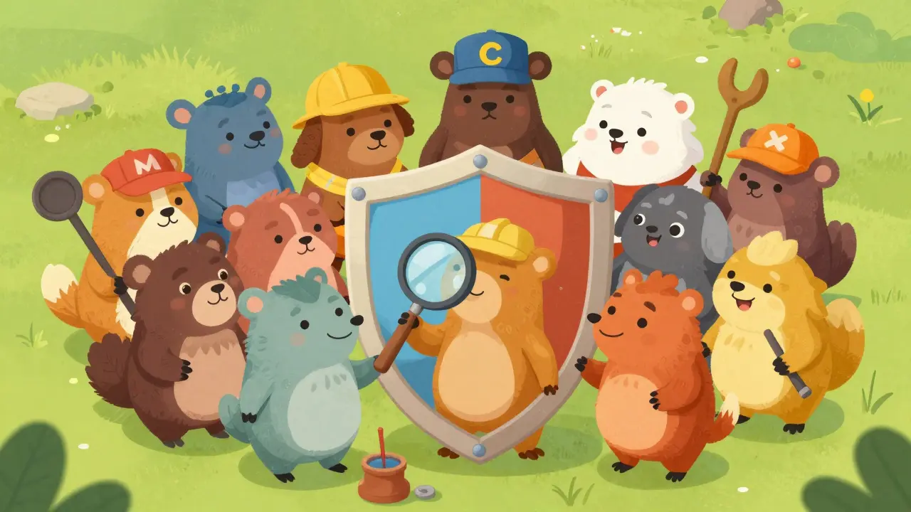 Diverse animal miners building a layered shield around their community, working cooperatively.