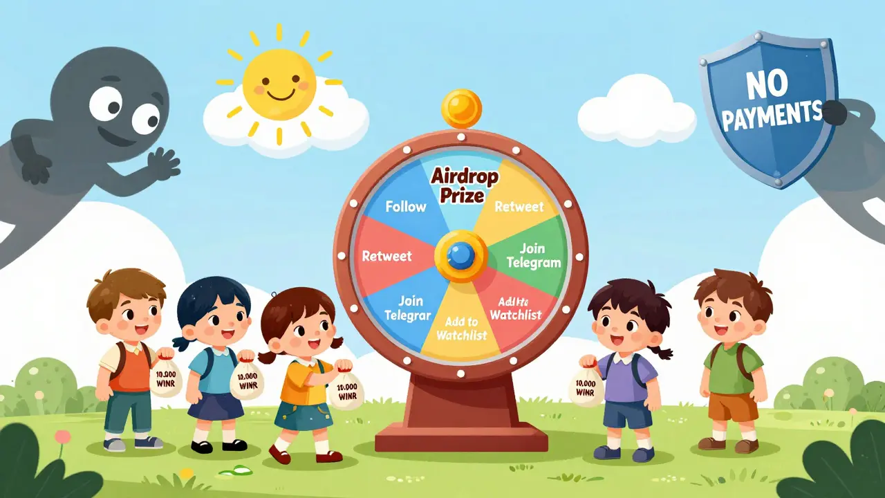 Five children stand around a spinning airdrop wheel with social tasks, while a shield blocks a scam figure.