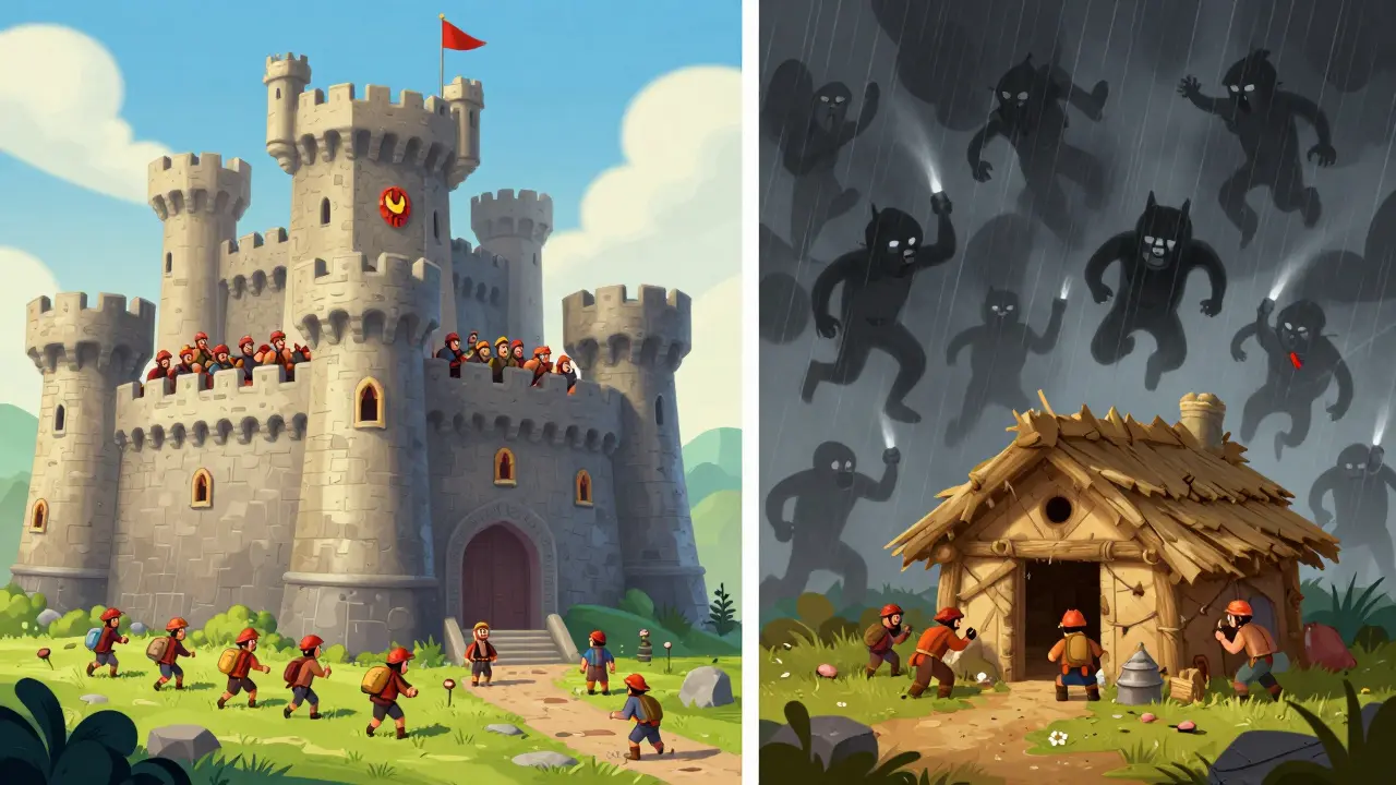 Fortified castle protected by many miners vs. fragile hut under attack by shadowy figures.